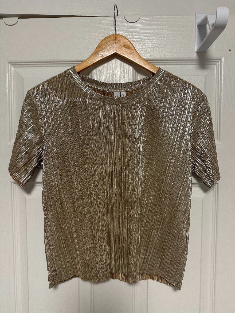 & Other Stories Metallic Gold Plissé Pleated Short Sleeve Top Blouse